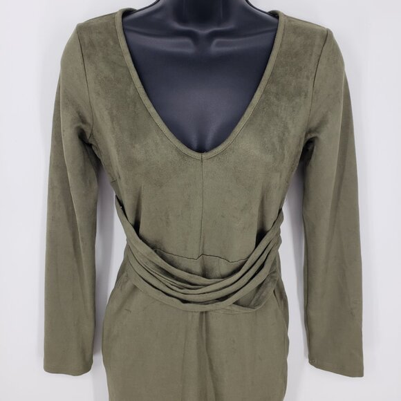 3/$25 Windsor Faux Suede Mini Sheath Dress S Long Sleeves V Neck Olive Green - Picture 3 of 10